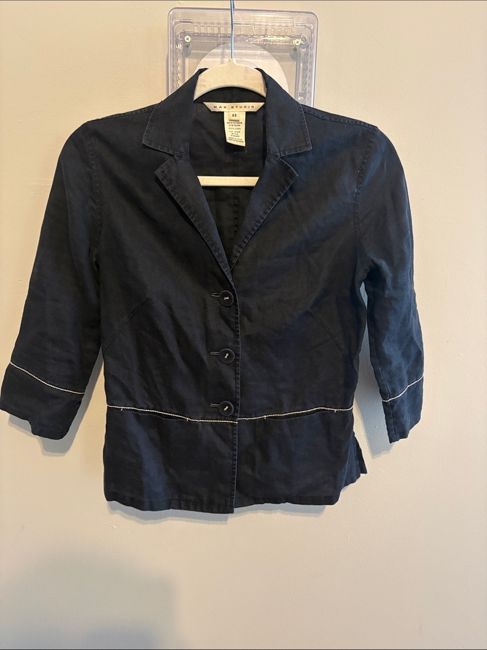 MAX STUDIO Navy 100% Linen Button Front Blazer Jacket XS